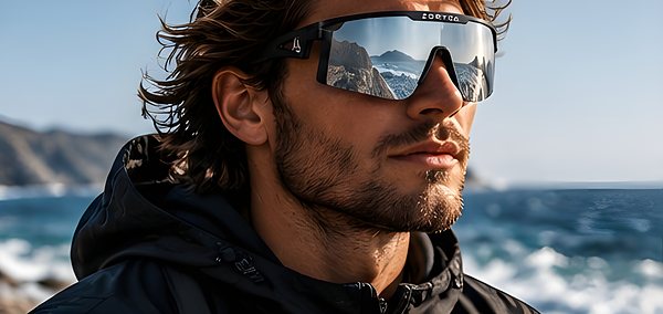 Uomo con occhiali Zoryta Horizon silver mirror in riva al mare