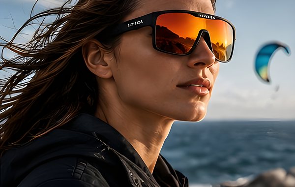Woman wearing Zoryta fire mirror sunglasses with a kite in the background